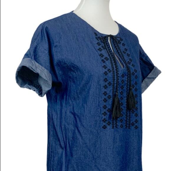 Old Navy Dress Blue Denim Chambray Tassel Embroidered Shift Women's Size Small - Picture 6 of 11